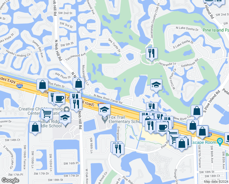 map of restaurants, bars, coffee shops, grocery stores, and more near 205 North River Road in Plantation