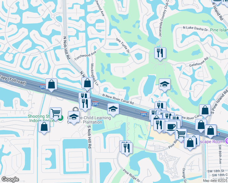 map of restaurants, bars, coffee shops, grocery stores, and more near 9723 North New River Canal Road in Plantation