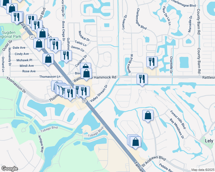 map of restaurants, bars, coffee shops, grocery stores, and more near 400 Valley Stream Drive in Naples