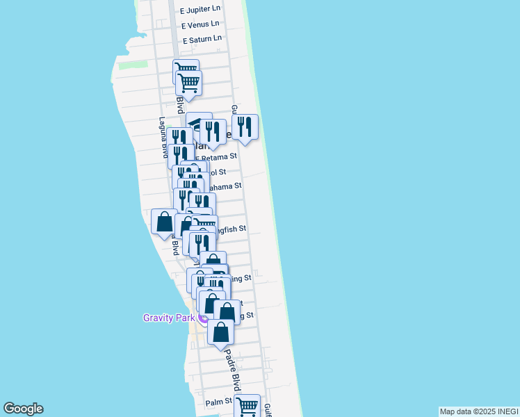 map of restaurants, bars, coffee shops, grocery stores, and more near 3204 Gulf Blvd in South Padre Island