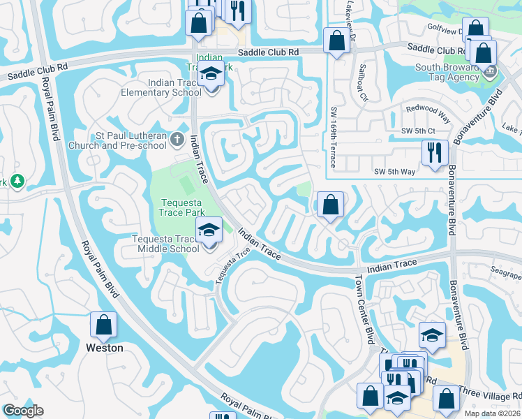 map of restaurants, bars, coffee shops, grocery stores, and more near 972 Azure Lane in Weston