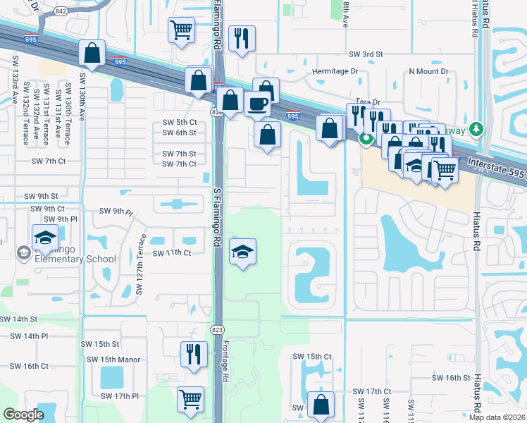 map of restaurants, bars, coffee shops, grocery stores, and more near 965 Southwest 121st Avenue in Davie