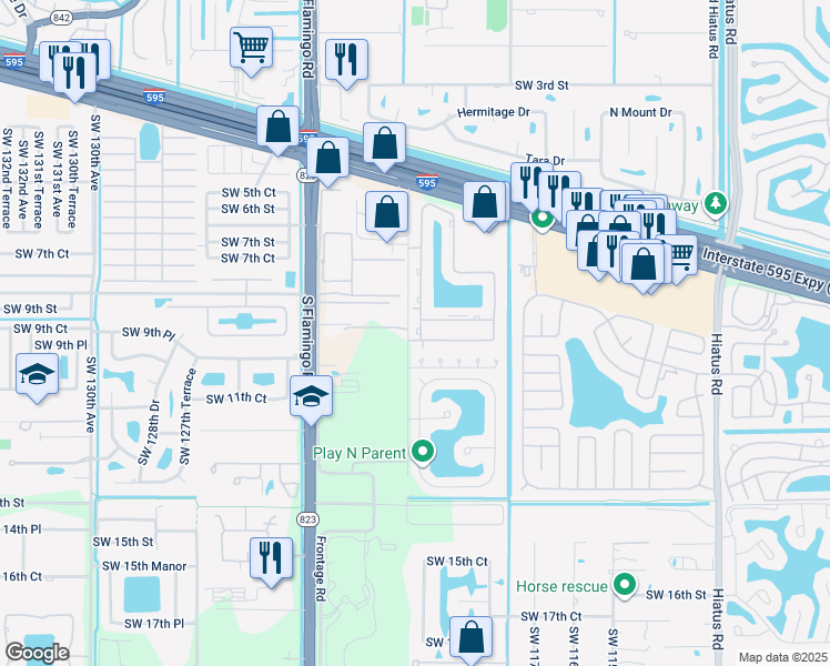 map of restaurants, bars, coffee shops, grocery stores, and more near 12004 Southwest 9th Manor in Davie