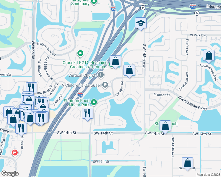 map of restaurants, bars, coffee shops, grocery stores, and more near 1003-1011 Shotgun Rd in Sunrise