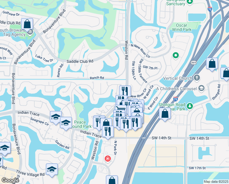 map of restaurants, bars, coffee shops, grocery stores, and more near 1109 Waterbrook Lane in Weston