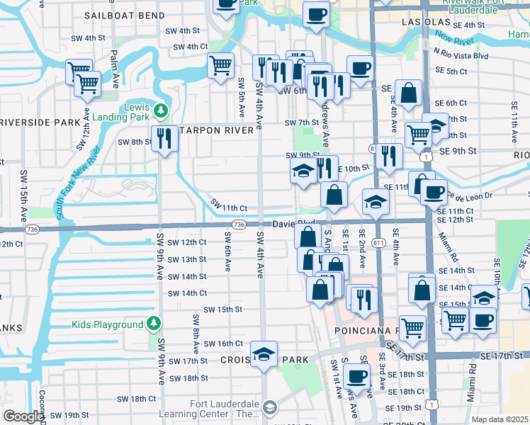 map of restaurants, bars, coffee shops, grocery stores, and more near 311 Davie Boulevard in Fort Lauderdale