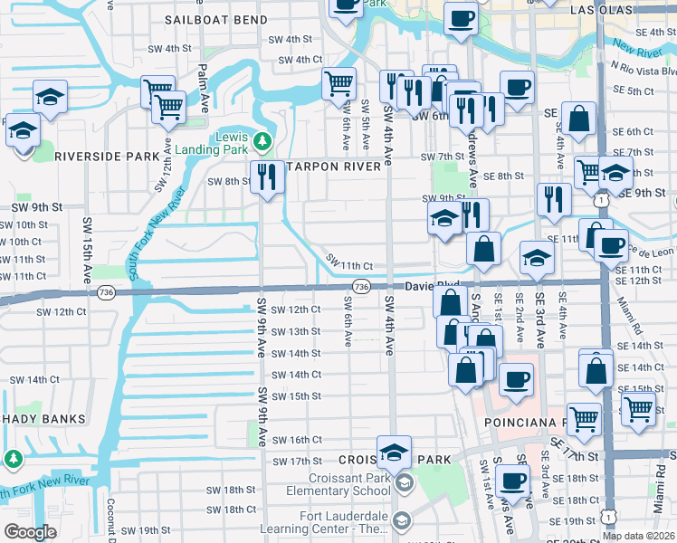 map of restaurants, bars, coffee shops, grocery stores, and more near 613 Southwest 12th Street in Fort Lauderdale