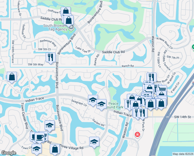 map of restaurants, bars, coffee shops, grocery stores, and more near 1091 Deerwood Lane in Weston