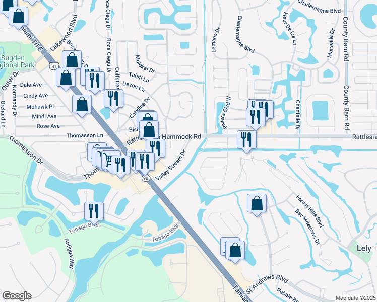 map of restaurants, bars, coffee shops, grocery stores, and more near 400 Valley Stream Drive in Naples