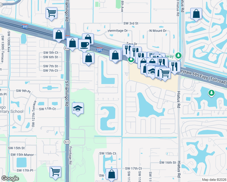 map of restaurants, bars, coffee shops, grocery stores, and more near 11862 Southwest 9th Manor in Davie