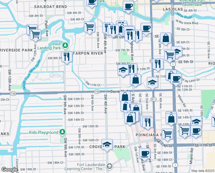 map of restaurants, bars, coffee shops, grocery stores, and more near 311 Davie Boulevard in Fort Lauderdale