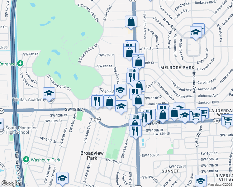 map of restaurants, bars, coffee shops, grocery stores, and more near 4270 Southwest 11th Street in Plantation