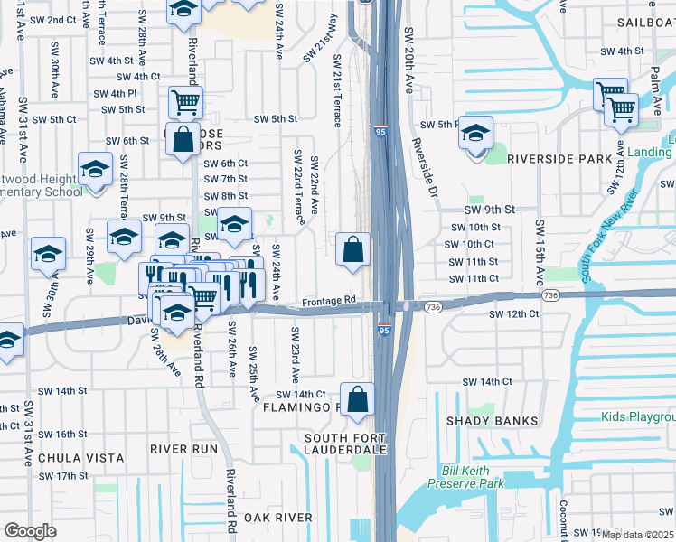map of restaurants, bars, coffee shops, grocery stores, and more near 2101 Davie Boulevard in Fort Lauderdale