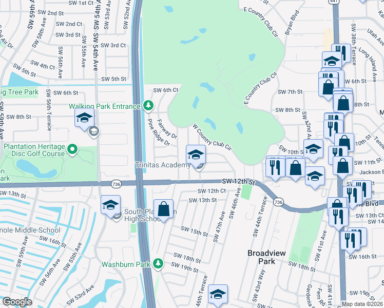 map of restaurants, bars, coffee shops, grocery stores, and more near 1048 Southwest 49th Terrace in Plantation