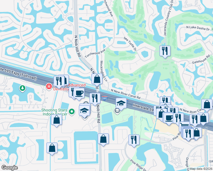 map of restaurants, bars, coffee shops, grocery stores, and more near 9727 North New River Canal Road in Plantation