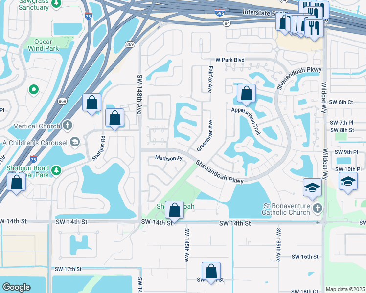 map of restaurants, bars, coffee shops, grocery stores, and more near 14601 Madison Place in Davie