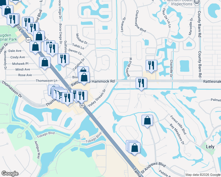 map of restaurants, bars, coffee shops, grocery stores, and more near 100 Valley Stream Drive in Naples