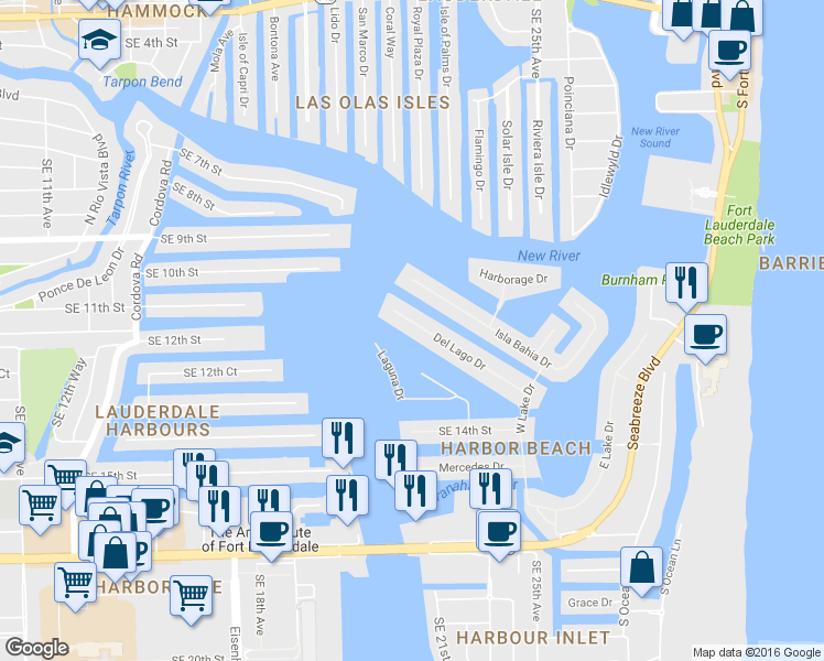map of restaurants, bars, coffee shops, grocery stores, and more near 2419 Del Lago Drive in Fort Lauderdale