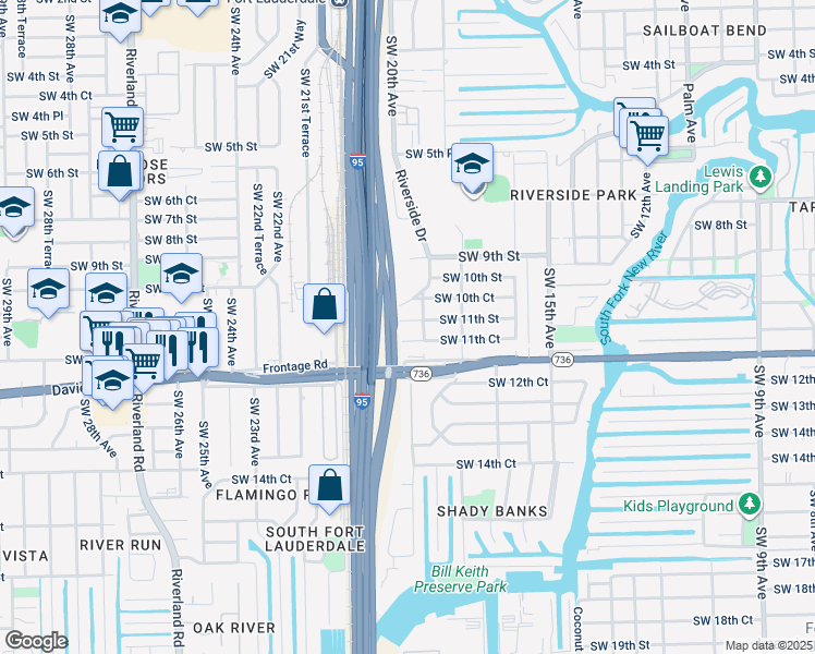 map of restaurants, bars, coffee shops, grocery stores, and more near 1960 Riverside Drive in Fort Lauderdale