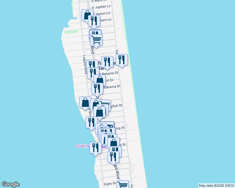 map of restaurants, bars, coffee shops, grocery stores, and more near 3400 Gulf Boulevard in South Padre Island