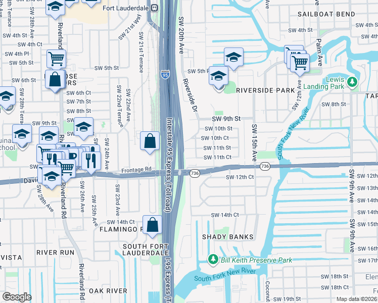 map of restaurants, bars, coffee shops, grocery stores, and more near 1960 Riverside Drive in Fort Lauderdale