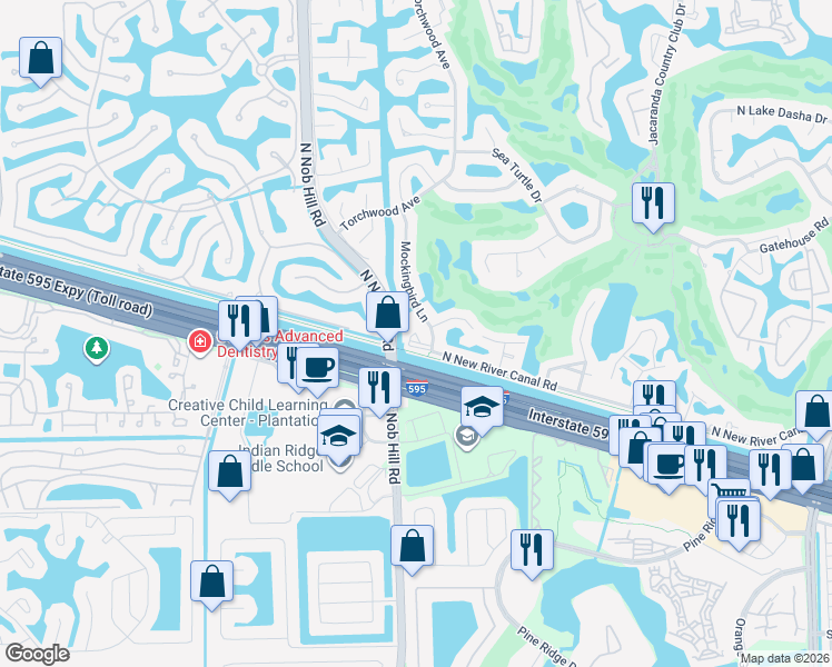 map of restaurants, bars, coffee shops, grocery stores, and more near 1021 Mockingbird Lane in Plantation