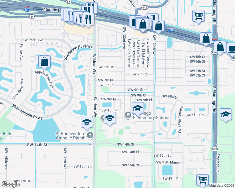 map of restaurants, bars, coffee shops, grocery stores, and more near 841 Southwest 133rd Avenue in Davie