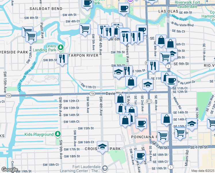 map of restaurants, bars, coffee shops, grocery stores, and more near 308 Southwest 11th Street in Fort Lauderdale