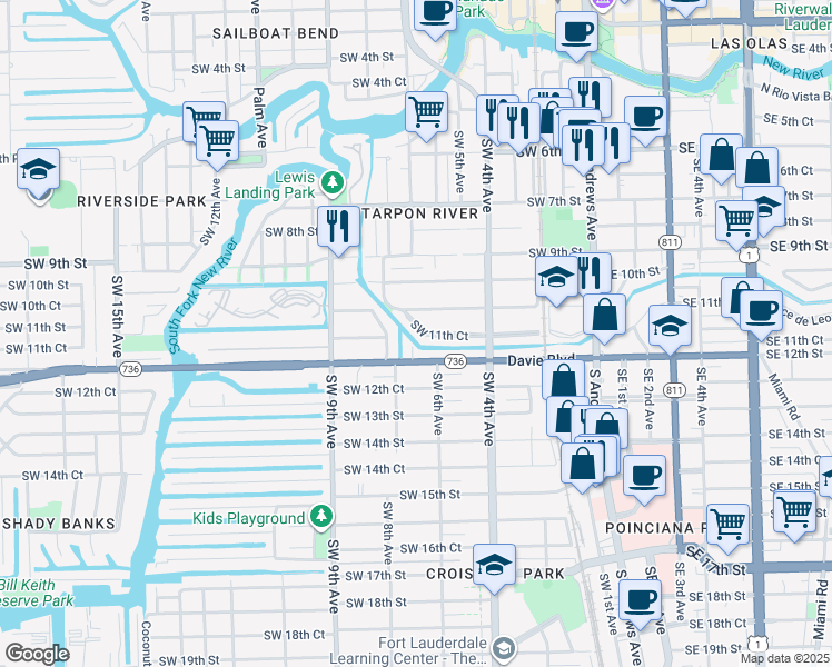 map of restaurants, bars, coffee shops, grocery stores, and more near 606 Southwest 11th Street in Fort Lauderdale