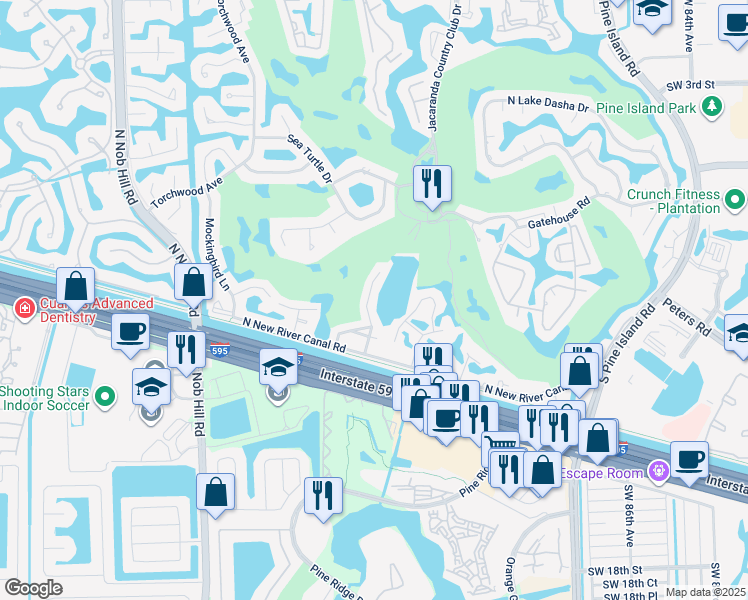 map of restaurants, bars, coffee shops, grocery stores, and more near 940 Bayberry Point Drive in Plantation