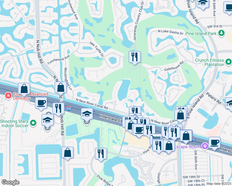 map of restaurants, bars, coffee shops, grocery stores, and more near 940 Bayberry Point Drive in Plantation