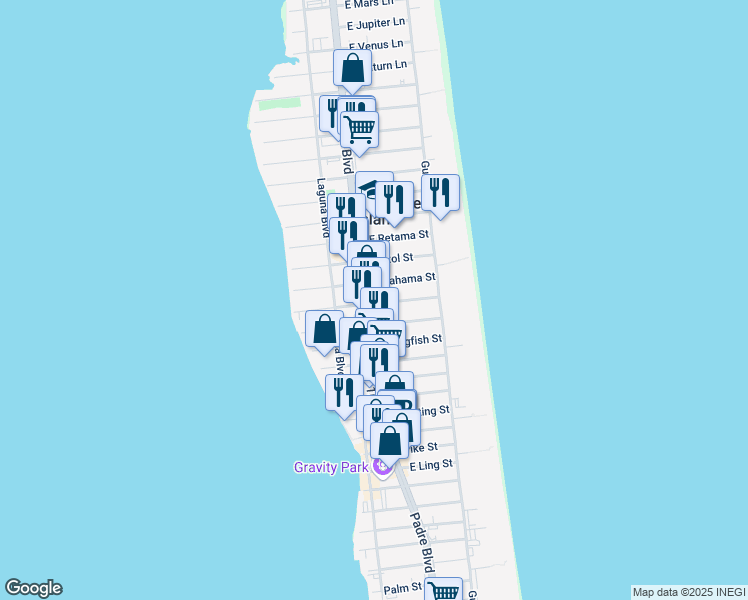 map of restaurants, bars, coffee shops, grocery stores, and more near 101 East Bahama Street in South Padre Island