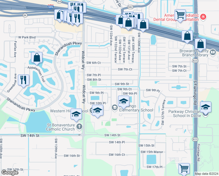 map of restaurants, bars, coffee shops, grocery stores, and more near 13311 Southwest 9th Court in Davie