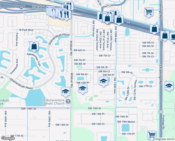 map of restaurants, bars, coffee shops, grocery stores, and more near 841 Southwest 133rd Avenue in Davie