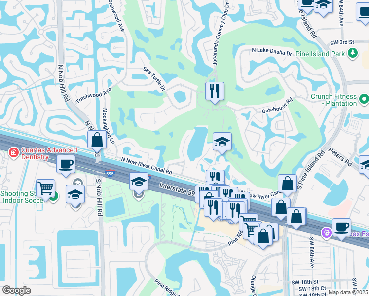 map of restaurants, bars, coffee shops, grocery stores, and more near 940 Bayberry Point Drive in Plantation