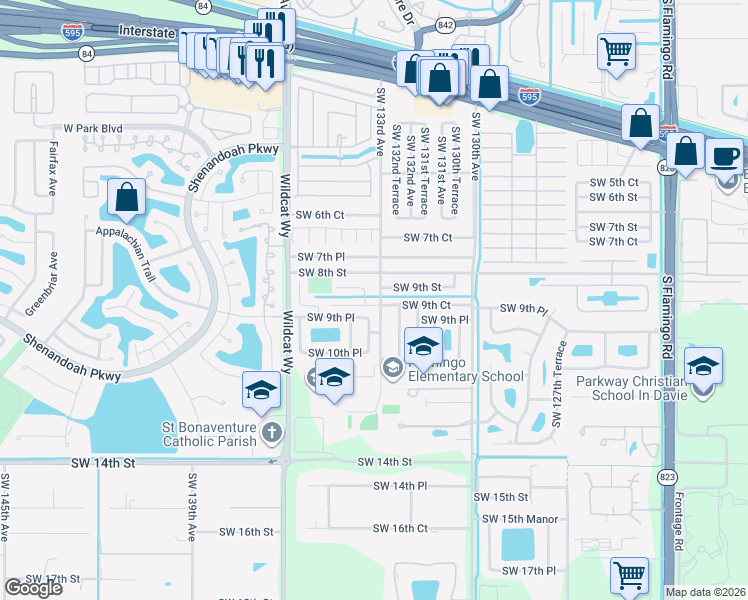 map of restaurants, bars, coffee shops, grocery stores, and more near 841 Southwest 133rd Avenue in Davie