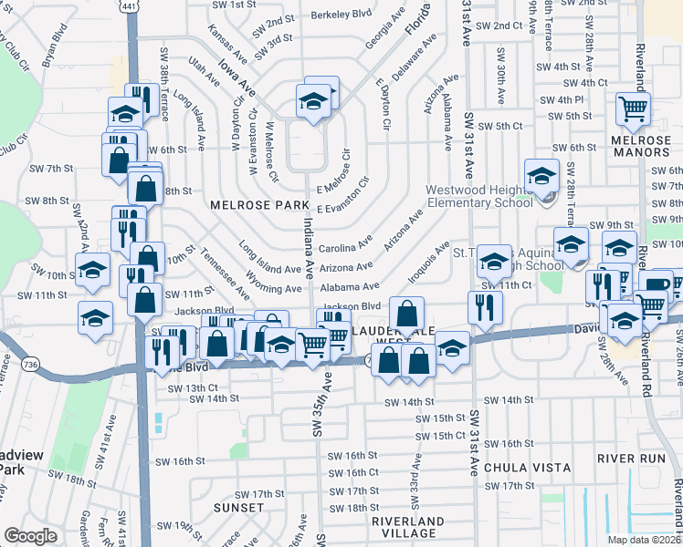 map of restaurants, bars, coffee shops, grocery stores, and more near 1121 Arizona Avenue in Fort Lauderdale