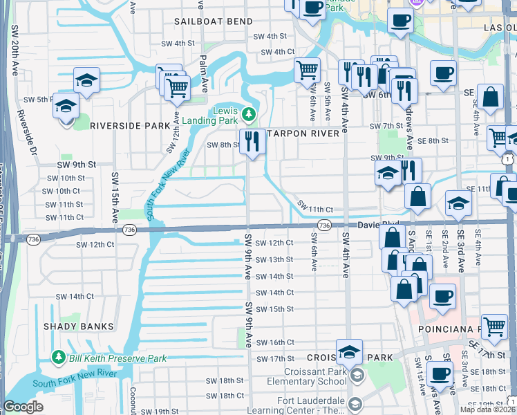 map of restaurants, bars, coffee shops, grocery stores, and more near 846 Southwest 11th Street in Fort Lauderdale
