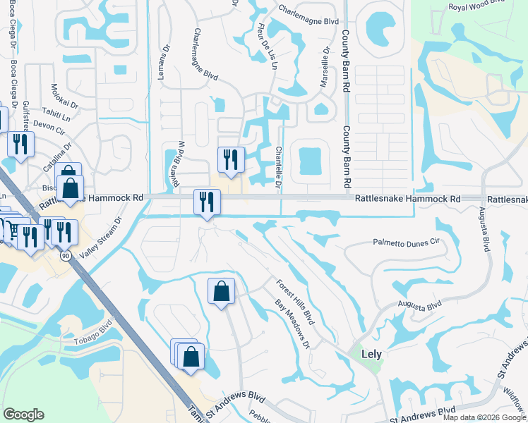 map of restaurants, bars, coffee shops, grocery stores, and more near 5483 Rattlesnake Hammock Road in Naples