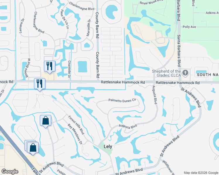 map of restaurants, bars, coffee shops, grocery stores, and more near a5693 Rattlesnake Hammock Road in Naples