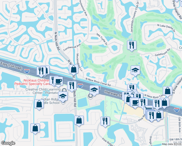 map of restaurants, bars, coffee shops, grocery stores, and more near 504 Trellis Road in Plantation
