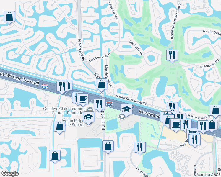 map of restaurants, bars, coffee shops, grocery stores, and more near 921 Mockingbird Lane in Plantation