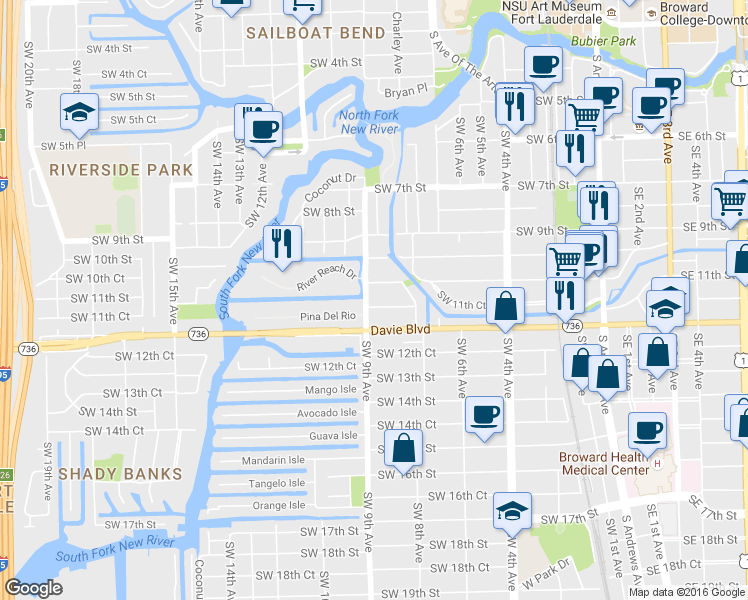 map of restaurants, bars, coffee shops, grocery stores, and more near 846 Southwest 11th Street in Fort Lauderdale
