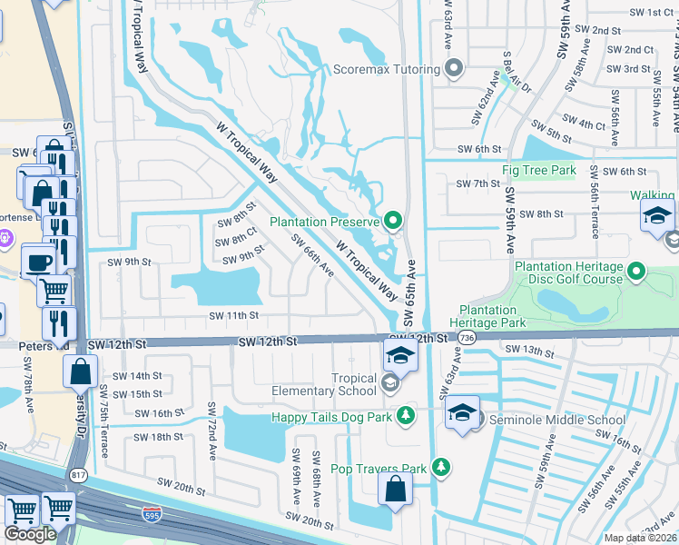 map of restaurants, bars, coffee shops, grocery stores, and more near 937 West Tropical Way in Plantation