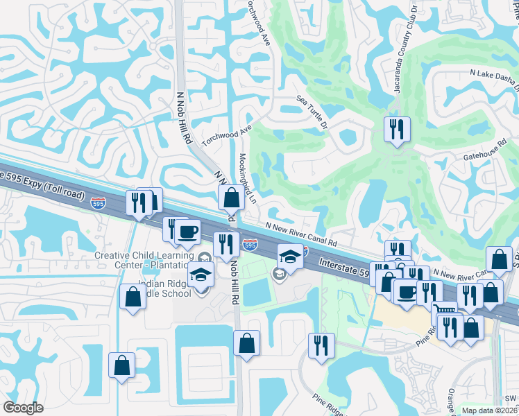map of restaurants, bars, coffee shops, grocery stores, and more near 604 Trellis Road in Plantation