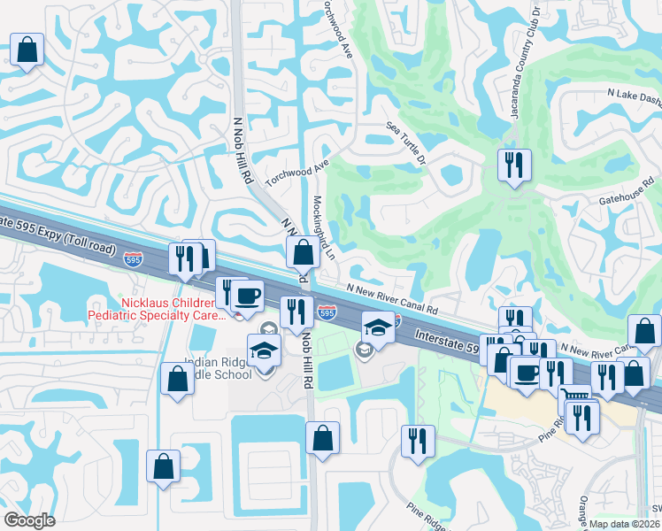 map of restaurants, bars, coffee shops, grocery stores, and more near 921 Mockingbird Lane in Plantation