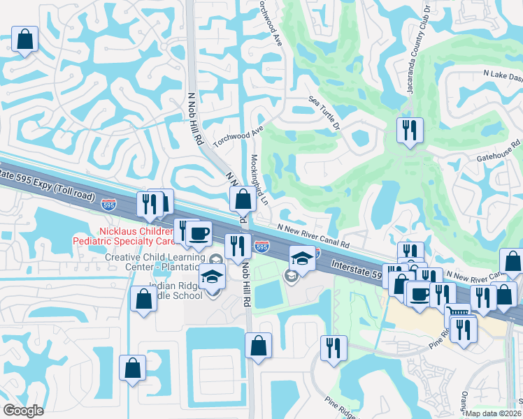 map of restaurants, bars, coffee shops, grocery stores, and more near 921 Mockingbird Lane in Plantation