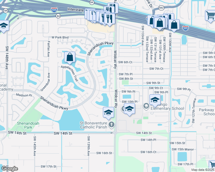 map of restaurants, bars, coffee shops, grocery stores, and more near 851 Cumberland Terrace in Davie