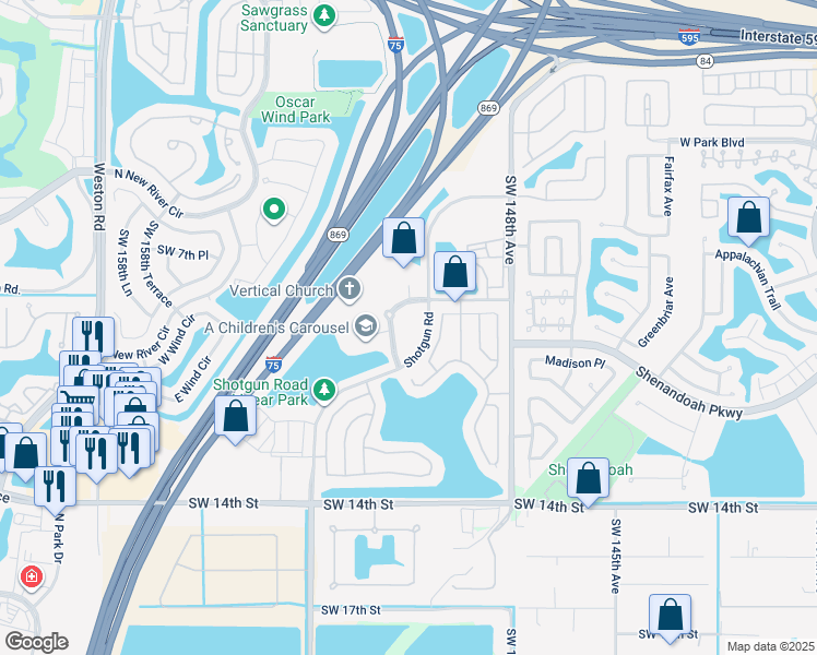 map of restaurants, bars, coffee shops, grocery stores, and more near 803 Shotgun Road in Sunrise