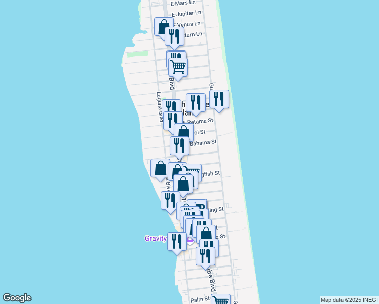 map of restaurants, bars, coffee shops, grocery stores, and more near 101 East Bahama Street in South Padre Island